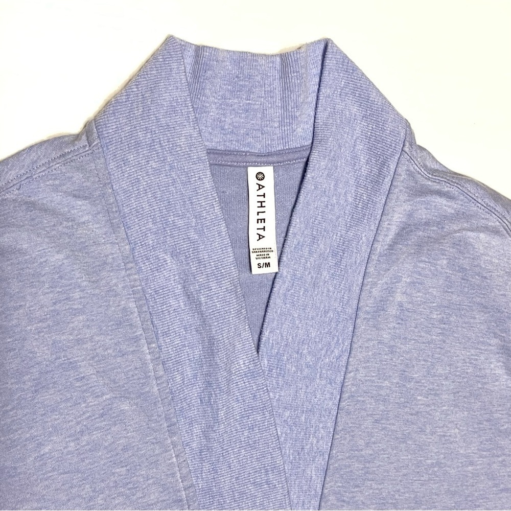 ATHLETA Lotus Wrap Size S/M Heather Blue Short Sleeve Open Front Comfy Cardigan - Picture 4 of 8